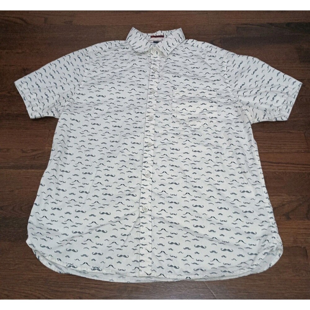 Denim & Flower Shirt Mens Large Mustache Print Button Up Blue White Slim Fit